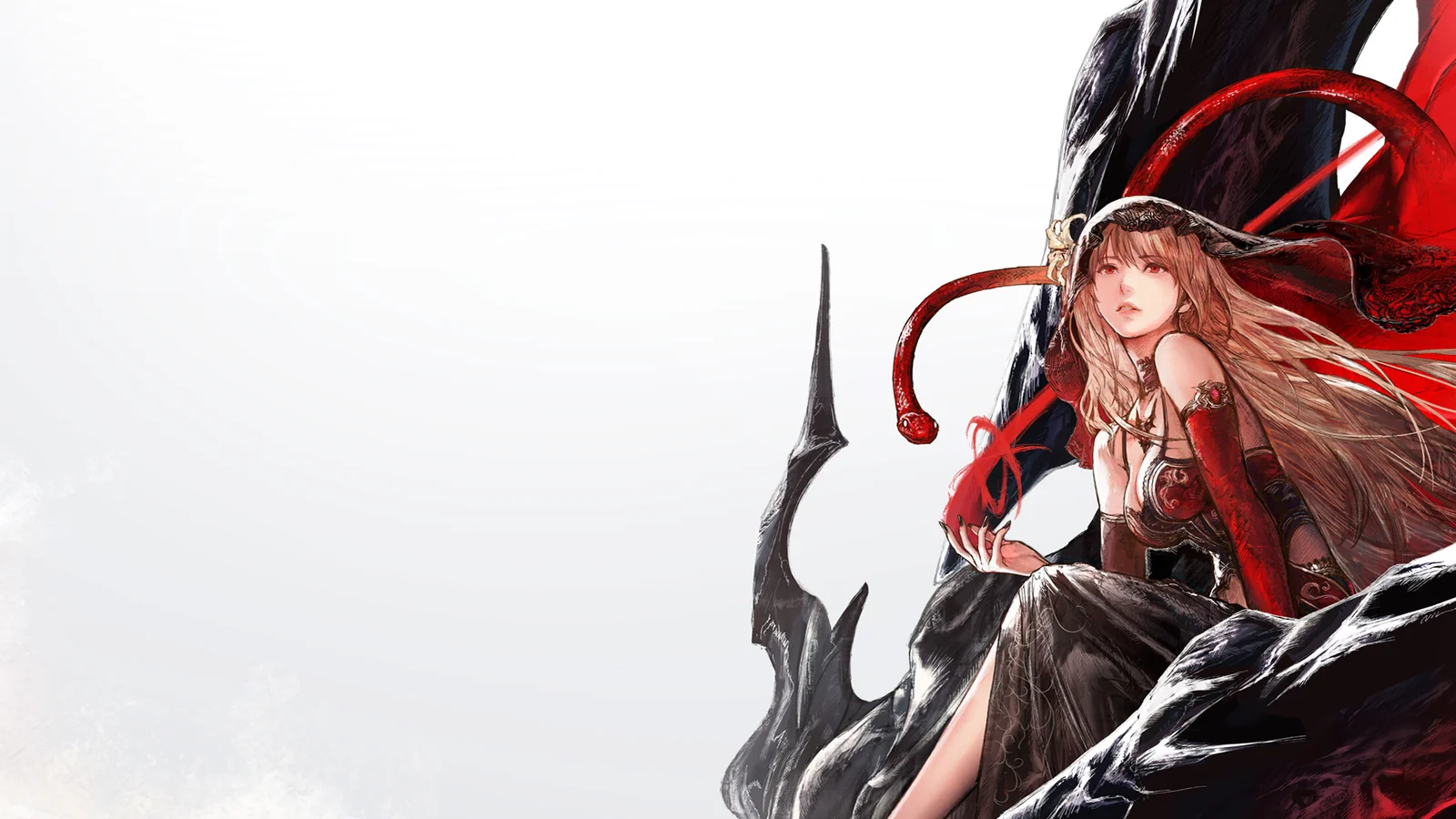 Final Fantasy Resonance key art of a mysterious woman in red and black seated on a dark dragon